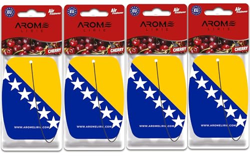 Bosnischer Duftbaum mit nationaler Flagge - Bosna Lufterfrischer für Auto und Zuhause Duftanhänger 4-er Pack in 4 Düften New Car, Black, Vanilla, Cherry (4x Cherry)