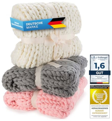 Feluna® Grob gestrickte Kuscheldecke - Grobstrick Wolldecke Strickdecke Tagesdecke Überwurf Decke für Wohnzimmer & Gästezimmer (Elfenbeinweiß)