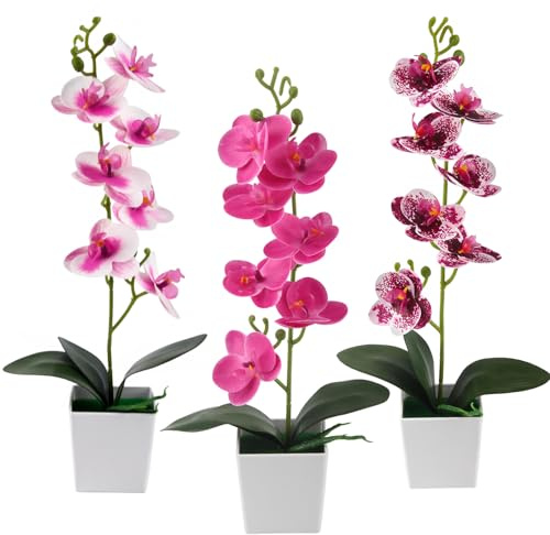 RobLuX 3 Stück Orchideen Künstlich Wie Echt 39 cm Künstliche Blumen im Topf Orchidee Zierpflanzen Künstliche Orchideen Im Topf für Tischdekoration Wohnkultur （Lila Herz geflecktes Lila Rosenrot）
