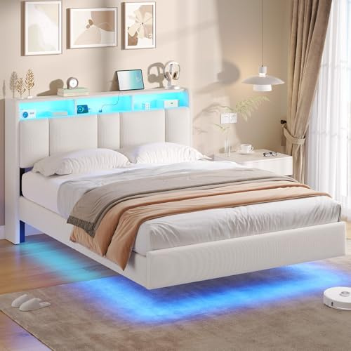 AOGLLATI Cama Matrimonio 140 x 190 cm con LED y Estación de Carga, Estructura Cama con Efecto Visual Levitante, Cama Tapizada con Cabecero y Espacio de Almacenamiento, Metal y Madera, Beige