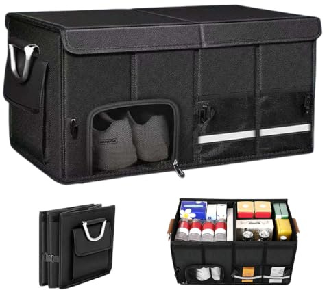 Kofferraum Organizer mit Deckel & Schuhfach Faltbare Auto Kofferraumtasche | 65L mit Fächern Taschen, 60x35x30cm Car Box Kofferraum Größenverstellbar, Auto Aufbewahrung Zubehör für Campen Einkäufe XXL
