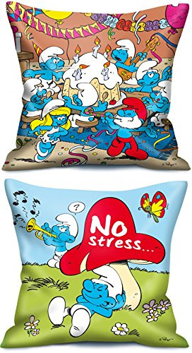Die Schlümpfe Kissen Set mit 2 verschiedene Motive No Stress & Partytime Schmusekissen Kuschelkissen 2er Pack Kinderkissen Schlumpf