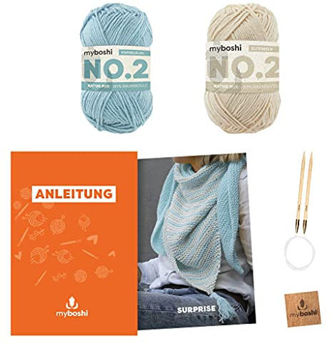 myboshi Strickset Dreieckstuch Surprise für Anfänger, inkl. No.2 Wolle, Nadel und Anleitung, Strickpaket, 85% Baumwolle, 15% Kapok Blau, Beige, mit Rundstricknadel