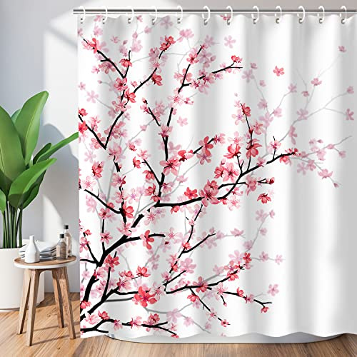 LIVILAN Rideau de Salle de Bain en Tissu avec Crochets, Motif Floral Rose Sakura, Rideau de Douche décoratif pour Salle de Bain, Lavable en Machine, 182,9 x 182,9 cm (l x H)