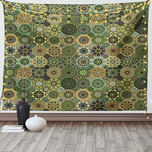 ABAKUHAUS Mandala Wandteppich und Tagesdecke, Oriental Floral Octagon aus Weiches Mikrofaser Stoff Waschbar ohne Verblassen Digitaldruck, 230 x 140 cm, Khakigrün
