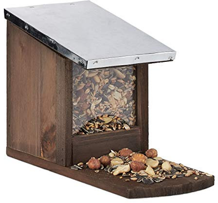 Relaxdays Eichhörnchen Futterhaus, Holz Futterstation, wetterfest, Metalldach, Eichhörnchenhaus zum Stellen, dunkelbraun