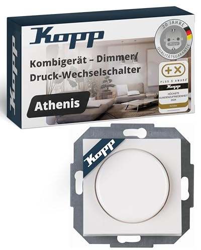 Kopp ATHENIS Druck-Wechselschalter-Dimmer mit Drehknopf - Rein-Weiß - Dimmbarer Lichtschalter für Lampen, LED & Trafos - 20-25W RL & 3-35W LED - Phasenanschnittsdimmer mit Softrastung