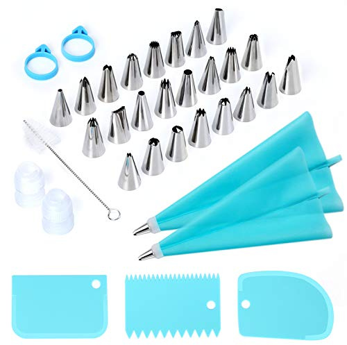 34Pcs Piping Bags and Tips Set, Bake Cake Decorating Kit with 24 Stainless Steel Tips, 2 Reusable Silicone Pastry Bags, 3 Icing Smoother, 2 Couplers, 2 Frosting Bags Ties and 1Pipe Brush