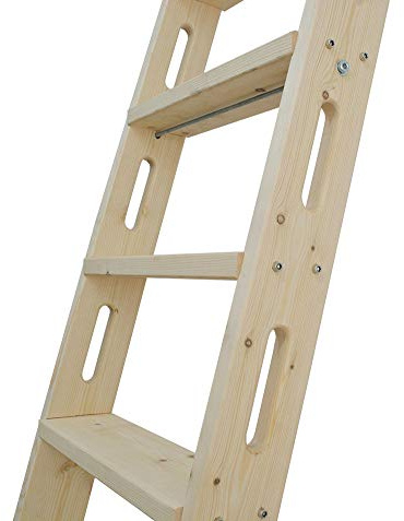 DIYHD 120 Knotty Pine Sliding Library Ladder, Solid Wood Bookshelf Ladder with Oval Cut-Out Grip & Handrail, Unfinished Paintable, Hardware Not Included