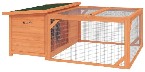 PawHut Clapier pour petits animaux Clapier pour lapins nains avec toit ouvrant en asphalte Cage pour petits animaux Extérieur Intérieur Arrière-cour Résistant aux intempéries Bois de sapin Orange+Vert