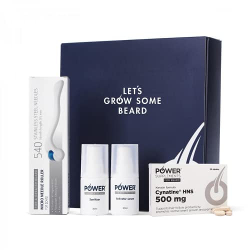 Power Greater Hair Bartwachstums-Set - Premium Set zur Förderung des Bartwuchses mit Micro Needle Roller & Aktivator Serum - Optimale Kombination für dichteren Bart - Mit Power Supplements