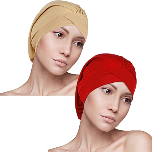 YOFASEN Damen Turban Hut - Muslimisch Hijab Kopfbedeckung Stirn Kreuz und Quer Hut Beanie Bandanas Chemotherapie Haarausfall Hut, Khaki+Rot/2pcs