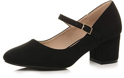 AJVANI Womens Ladies mid Block Heel Strap Work Evening Party Mary Jane Court Shoes Size 5 38 Black Suede