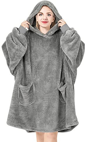WOLTU Coperta con Cappuccio e Maniche, Coperta Felpa in Flanella con 2 Grandi Tasche, Morbida e Calda per Donne e Uomini, come Coperta TV, Grigio, 95x85cm