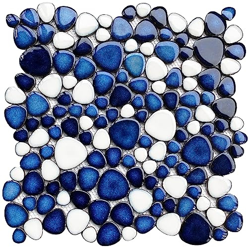 Primoon Ineinandergreifende Kieselsteine, 5 Bögen, blaue und weiße Mosaikfliesen, Netzmontage, dekorative flache Kieselsteine für Küche, Bad, Backsplash Duschboden