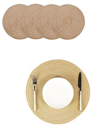 Set di 4 tovagliette rotonde intrecciate lavabili, eleganti, in tessuto antiscivolo, 38 cm, per tavoli da pranzo, interni ed esterni, decorazione per feste (18 cm, curry)
