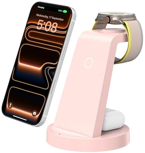 Anlmz 3 in 1 Charging Station for iPhone, Wireless Charger for iPhone 17 16e 16 15 14 13 12 11 X Pro Max & Apple Watch - Charging Stand Dock for AirPods (Pink)