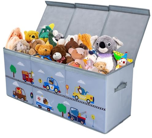 Extra Groß Aufbewahrungsbox mit Deckel Kinder, Zusammenklappbare Oxford-Spielzeugkiste mit Griff für Mädchen Jungen, Wasserdichte Spielzeug Aufbewahrung im Kinderzimmer, 96×32×40 cm (Tier Autos)