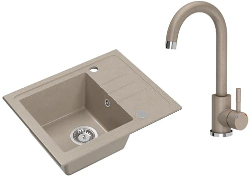 VBChome Handfat beige granit med armatur 55 x 44 cm enkelhandfat inbyggd diskbänk spräcklig reversibel granitdiskbänk sifon tvättställ armatur beige diskho med beige armatur