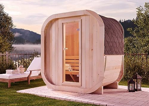 FinnTherm Fasssauna ScandiCube Mini XXS Fasssauna 1 Sitzbänke aus Holz, Sauna mit 42 mm Wandstärke, Außensauna mit Montagematerial
