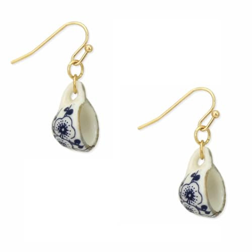 Vintage Blue Flower Ceramic Porcelain Tea Cup Drop Pendant Necklace or Drop Earrings Jewelry Set, One Size, Porcelain, No Gemstone