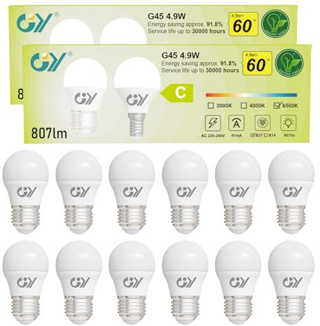 GY 4.9W Bombilla LED E27 Luz Fría 6500K 807LM (Equivalente a 60W), Bombillas Bajo Consumo G45 Rosca Edison, No Parpadean, No Regulable, 12 Pieza