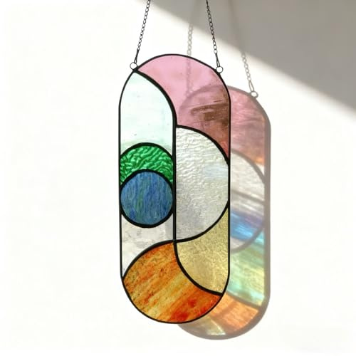 Geometric Design Style Suncatchers Stained Glass Window Panel,Beautiful Fairshaped Tiffany Style Stained Glass Window Hanging with Chain (Flowing Color)