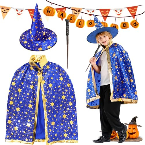 FainFun Zauberer Kostüm für Kinder, Wizard Cape Witch Umhang mit Hut, Halloween Hexe Zauberer Umhang, Schwarz, Filz-Bonbontüten, für Kinder Cosplay Party