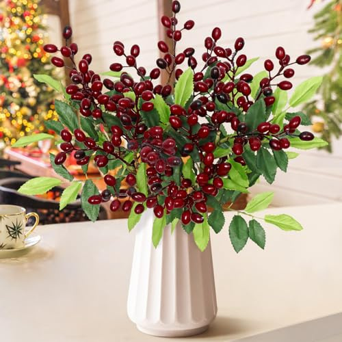 SOMYTING Paquete de 5 tallos de bayas rojas de Navidad, ramas de olivo artificiales, ramas de olivo artificiales, vegetación artificial roja para coronas de Navidad, árbol de Navidad, corona, jarrón,