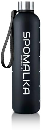 SPOMALKA Hochwertige Tritan Trinkflasche 1L BPA Frei - Auslaufsicher, Bruchsicher, Durchsichtig, Breite Öffnung, Leichtgewicht, Trageschlaufe, Trinkerinnerung, Volumenmarkierung & Motivation (Schwarz)