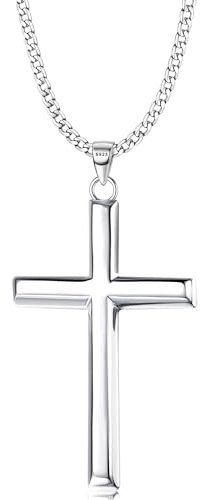 MILACOLATO Solid 925 Sterling Silver Cross Necklace for Men Women, 2mm Durable Diamond-Cut Sterling Silver Cuban Link Curb Chain with Beveled Edge Cross Pendant, Mens Silver Crucifix Pendant Necklace Jewelry 22 Inches