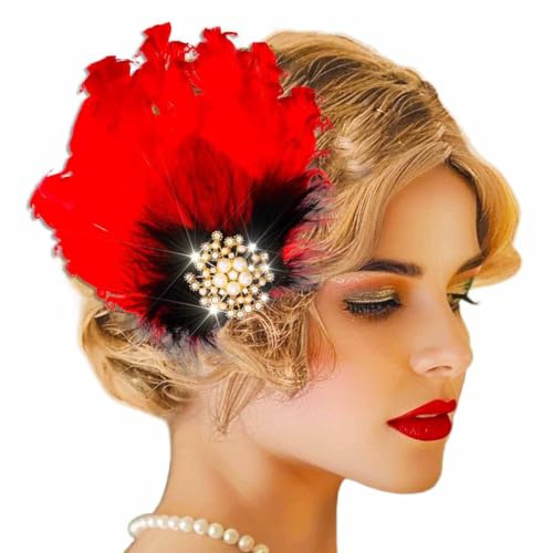 Evlry 1920er Jahre Flapper Feder Stirnband Rot Pfauenfeder Haarspange Gatsby Kopfschmuck Fascinator Accessoires für Damen