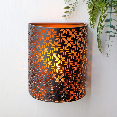 JHY DESIGN Dekorative LED Laterne Batteriebetriebene Lampe 20 cm Hoch Wandleuchte Beleuchtung Metall Wandhalterung mit 6-Stunden-Timer Wanddekoration für Wohnzimmer Schlafzimmer (Braun Schneeflocke)