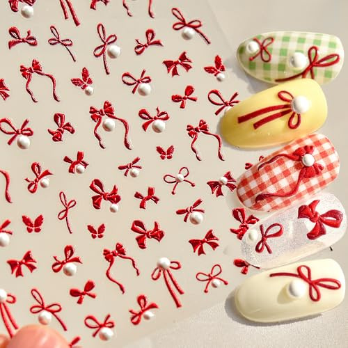 5D geprägte Schleife Nail Sticker Mit Perlen Rote Schleife Nagelsticker Selbstklebend Perle Bogen Nagelaufkleber Nageldesign Aufkleber Nagelbögen Nagel Stickers Red Bow Pearl Bowknot Nail Art Stickers