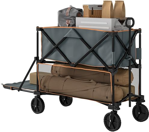 Outsunny Double Decker Folding Festival Trolley on Wheels, 200KG & 350L Capacity Collapsible Wagon Festival Trolley Cart with 134cm Extended for Camping Sports Shopping Garden and Beach, Grey