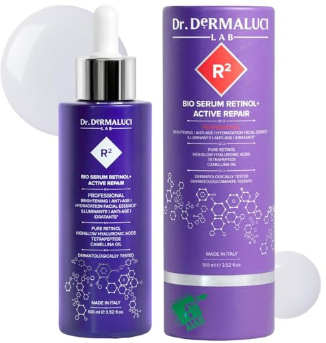 Siero Retinolo Viso Puro 0,10% 100ML BIO | Antirughe, Rassodante, Illuminante | Acido Ialuronico & Peptidi | Oli di Camelina, Oliva & Curcuma | Dermatologicamente Testato, Made in Italy