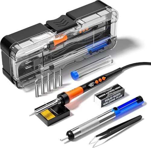 Lötkolben Set 90W mit LCD Anzeige, Temperaturregelung 200–480 °C, 5 Spitzen, Entlötpumpe, Lötzinn, Paste, Pinzette & Koffer – Elektronik Reparatur & DIY Lötstation Komplettset