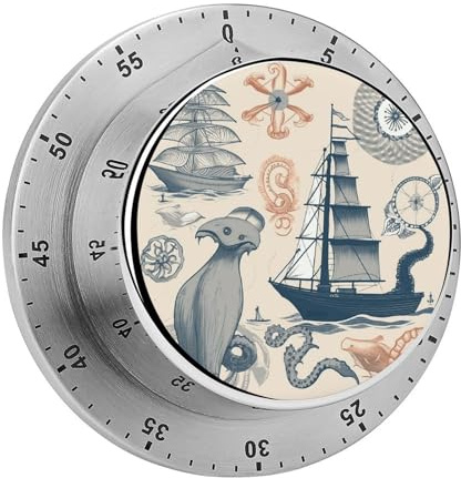 Lighthouse Sailboat Octopus Kitchen Timers, Manual 60 Minute Wind Up Timer Clock with Loud Alarm, Magnetic Backing, Mechanical Kitchen Timers, No Batteries Required, Countdown Timer for Cooking Baking