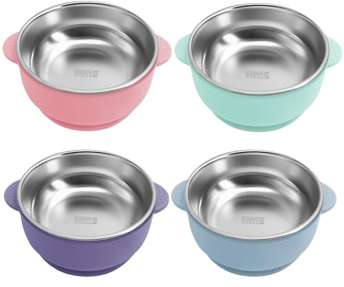 Set di 4 ciotole 2 in 1 per bambini con ventosa, in acciaio inox, per bambini, antiscivolo, con manicotto in silicone rimovibile, per bambini