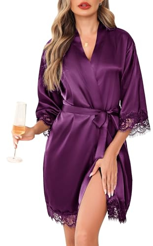 Lovasy Kimono Satin Dam Spets Badrockar Och Brudklänning Nattlinne Sexig Satinklänning Satin Pyjamas V-Hals Satin Pyjamas, B-Mörklila, S