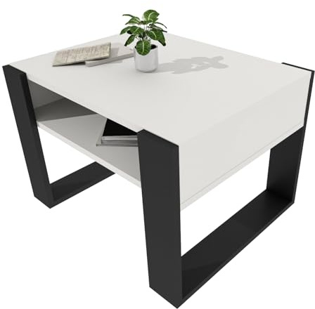 möbelkap Couchtisch 65×53.6 cm – Wohnzimmertisch aus Holzwerkstoff, Stabiler & moderner Kaffeetisch mit zusätzlicher Ablagefläche – Beistelltisch, Weiß/Schwarz, rechteckig