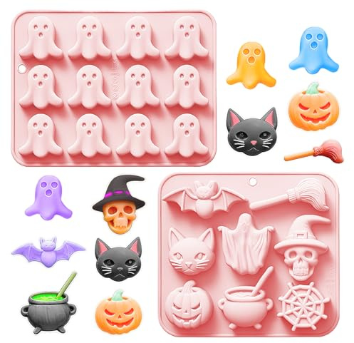 Moldes Silicona Halloween 2PCS,Molde Halloween Chocolate,Fantasma,Araña,Murciélago,Lápida,Calavera,Accesorios para Fiestas Temáticas,Decoraciones para Cubitos,Galletas