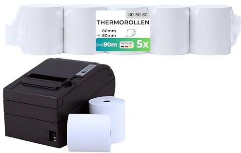 Thermorollen 80mm x 80m x 12mm – Bonrollen 80x80x12 Thermopapier – BPA-frei – Kassenrollen für Bondrucker, Kassensysteme & EC-Geräte (5er Pack, Thermopapier 80x80)