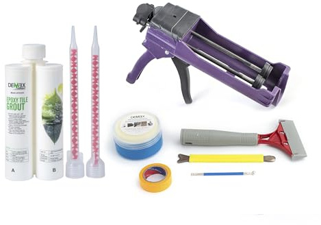 Lechada epoxi y herramientas para azulejos y piedra, resistente al agua, manchas, moho, grietas y productos químicos, listo para usar, fácil de usar (bronceado, sin arena, con TK1N)
