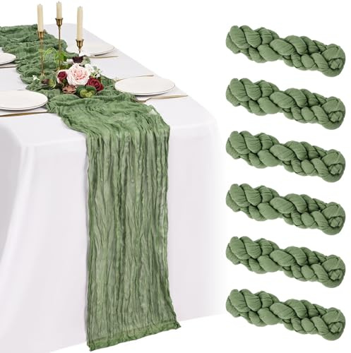 6 Pack Salbeigrün Käsetuch Tischläufer 10FT Boho Gaze Käsetuch Tischläufer Abwaschbar Romantische Rustikale Tischdekorationen für Hochzeit Party Geburtstag Feiertag Zuhause(55x300cm)