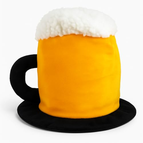 STUWU „Bierhut aus Plüsch – Gelb/Weiß – Lustiger Bierkrug Hut für Karneval, Party & JGA – Unisex One Size – Weicher Schaumkrone-Gag für Verkleidung & Fasching“