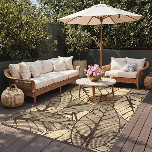 GENIMO Tappeto da Esterno 5x8 FT (152x244 cm) in Beige/Caffè, con Stampa Botanica Fiori, Reversibile, Impermeabile e Antiscivolo, Resistente ai Raggi UV, per Giardino, Terrazza, Facile da Pulire