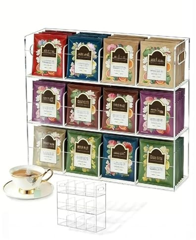 AmoreTempo Acryl Teebeutel Organizer 3-stöckig–große Teeboxen für Teebeutel | Transparent & Platzsparend.12 Fächer bis zu 216 Beutel,auch für Kaffeekapseln geeignet.Ideal für Küche,Büro & Teebar