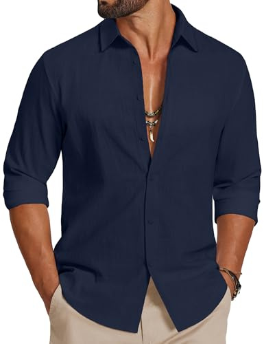 COOFANDY Camicia da Uomo a Maniche Lunghe in Cotone Camicia Casual Estiva Camicia da Spiaggia Leggera per Le Vacanze e i Matrimoni Blu Marino L