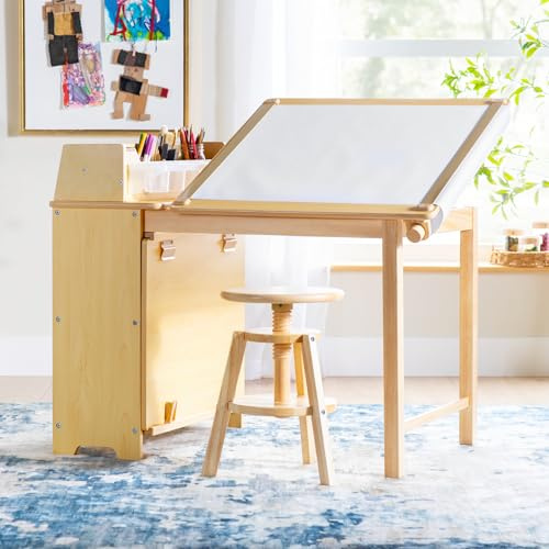 Guidecraft Design Studio–Natural: 3-in-1 Wooden Art Table for Kids, Adjustable Drafting Table with Storage, 3 Cubbies & Bins | Kids Art Easel with Paper Roll, Black Chalkboard, Art Supplies Organizer